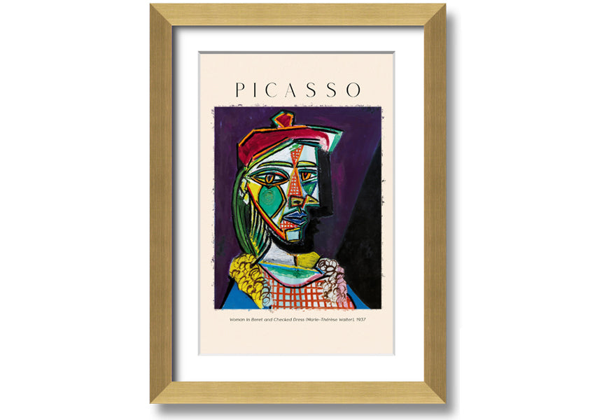 A vibrant reproduction of Picasso's 'Woman In Beret And Checked Dress 1937' printed on canvas, framed and ready to hang.